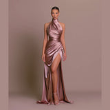 Zhrclub New Style Of The Standing Collar Satin Dress Hanging Neck Sleeveless Slit Show Thin Dress Dress