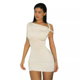 Zhrclub / Summer 2024 Women's New Street Fashion Diagonal Shoulder Short Sleeve Pure Color Slim Sexy Hip Dress