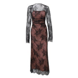 Zhrclub Women's Fall 2024 New Sexy Temperament Vest Long Sleeve Strap Hook Lace Sling Dress