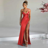 Zhrclub Women's Wear 2024 Winter New Fashion Sexy V Neck Exposed Back With Slit Satin Dress