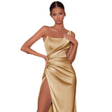 Zhrclub 2024 New Sexy Dress Temperament Single Shoulder Fishbone Side Slit Dress Satin Skirt