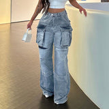 Zhrclub Summer New Personality Street Fashion Women's Large Pocket Patchwork Overalls High-Waisted Straight Leg Jeans