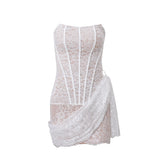 Zhrclub 2024 New Women's Sexy Lace Mesh A Word Shoulder Wipe Breast Micro Transparent Slim Dress Woman