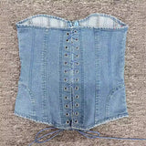 Zhrclub Spring / Summer 2024 Women's Wave Collar Fishbone Slim Strap Solid Color Denim Strapless Vest