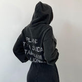 Zhrclub Hooded Hoodie Female Money Loose Wash Water To Do Old Splicing Letter Hot Diamond Set