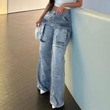 Zhrclub Summer New Personality Street Fashion Women's Large Pocket Patchwork Overalls High-Waisted Straight Leg Jeans