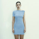 Zhrclub / Summer 2024 Women's New Street Fashion Diagonal Shoulder Short Sleeve Pure Color Slim Sexy Hip Dress