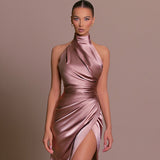 Zhrclub New Style Of The Standing Collar Satin Dress Hanging Neck Sleeveless Slit Show Thin Dress Dress