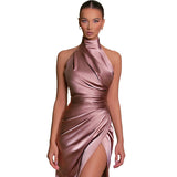 Zhrclub New Style Of The Standing Collar Satin Dress Hanging Neck Sleeveless Slit Show Thin Dress Dress