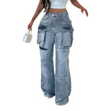 Zhrclub Summer New Personality Street Fashion Women's Large Pocket Patchwork Overalls High-Waisted Straight Leg Jeans