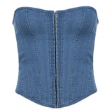 Zhrclub Spring / Summer 2024 Women's Wave Collar Fishbone Slim Strap Solid Color Denim Strapless Vest