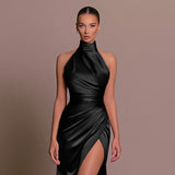 Zhrclub New Style Of The Standing Collar Satin Dress Hanging Neck Sleeveless Slit Show Thin Dress Dress